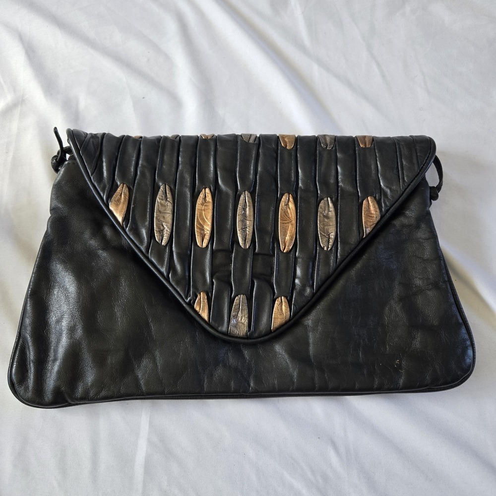 Vintage 60s Black Leather Flap Clutch Purse Large Envelope Mixed Metallic Detail